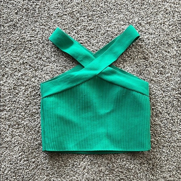 Sincerely Jules Ribbed Cross Front Crop Top M Green Halter Tank - Picture 3 of 3